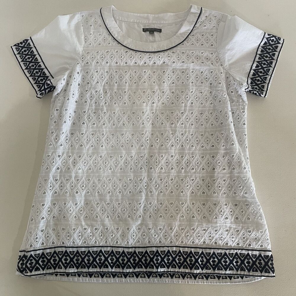 Adrianna Pappel Size L Eyelet White And Blue Shirt